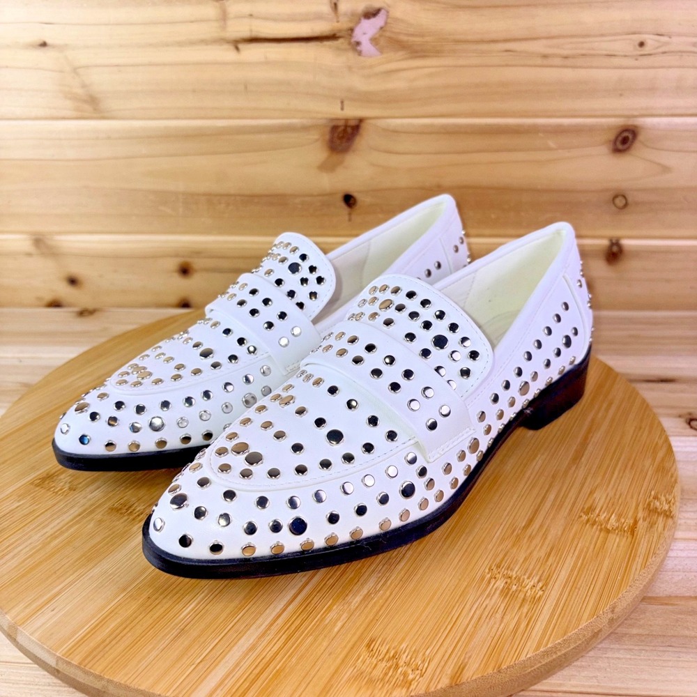 Shu Shop Loafers Womens 6.5 Titina White Studded Almond Toe Slip On Shoes